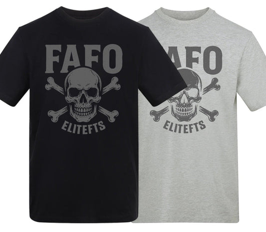 Black and gray t-shirts with 'FAFO EliteFets' design on a white background