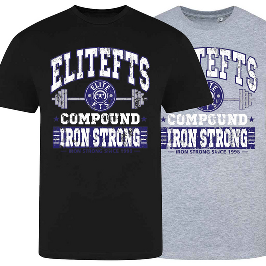 Black and gray t-shirts with 'Elitefts' branding and fitness-themed text on a white background.