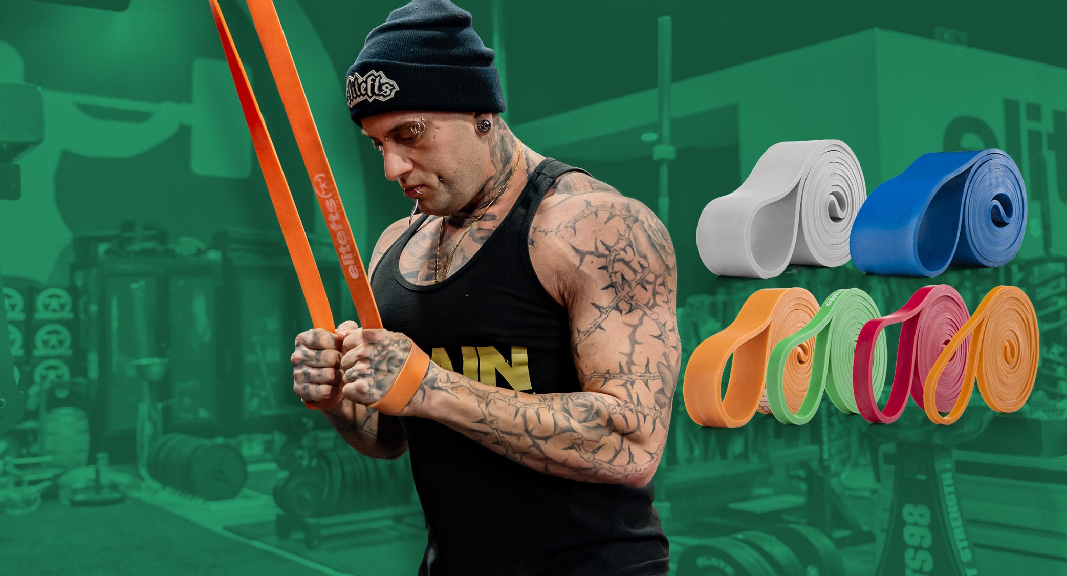 Man holding resistance bands with colorful bands displayed on a green background