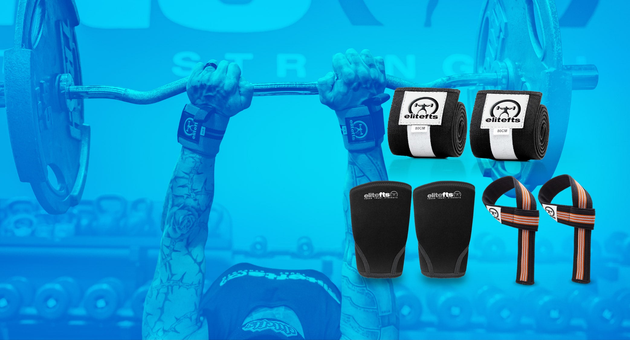 Weightlifting equipment including wraps, knee sleeves, and straps on a blue background with 'RDX' branding.
