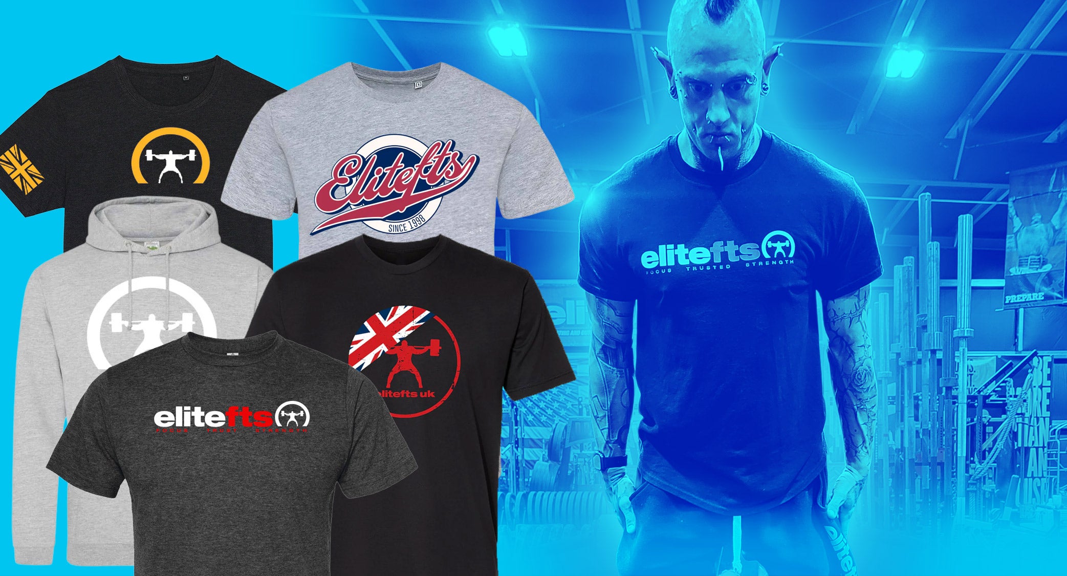 Collection of t-shirts with 'eliteffs' branding and a person wearing a blue t-shirt in a futuristic setting.
