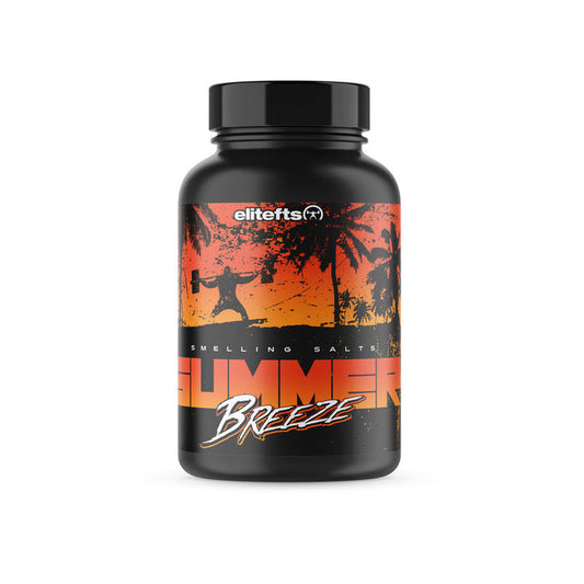 Black supplement bottle labeled 'Summer Breeze' with 'elitefts' branding on an orange and black background.